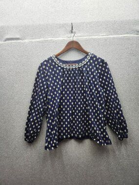 Old Navy Womens XL Navy Blue Floral Embroidered Blouse Long Sleeve Pullover Ligh